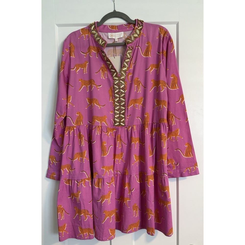 Sheridan French Abigail Dress XL Pink Cheetah Beaded Tiered Midi Whimsical NWT